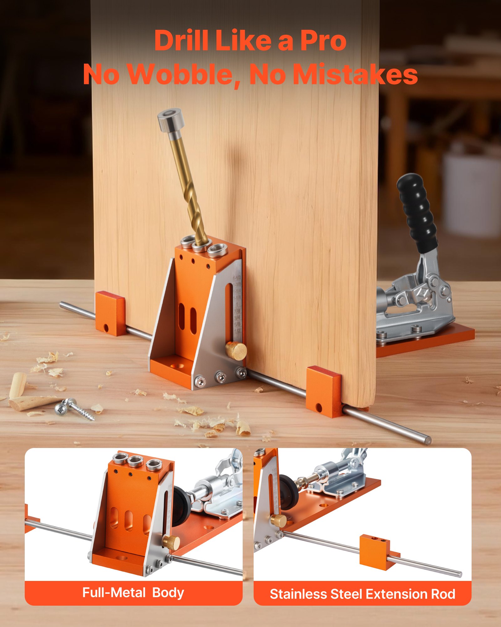 VEVOR Pocket Hole Jig Kit, 1/2 to 1-1/2 in Adjustable, Jig Pocket Hole System with Toolcase, C-Clamp, Step Drill, Hex Wrench, Drill Stop Ring, Square Drive Bit, Reinforced Metal Frame, for Woodworking