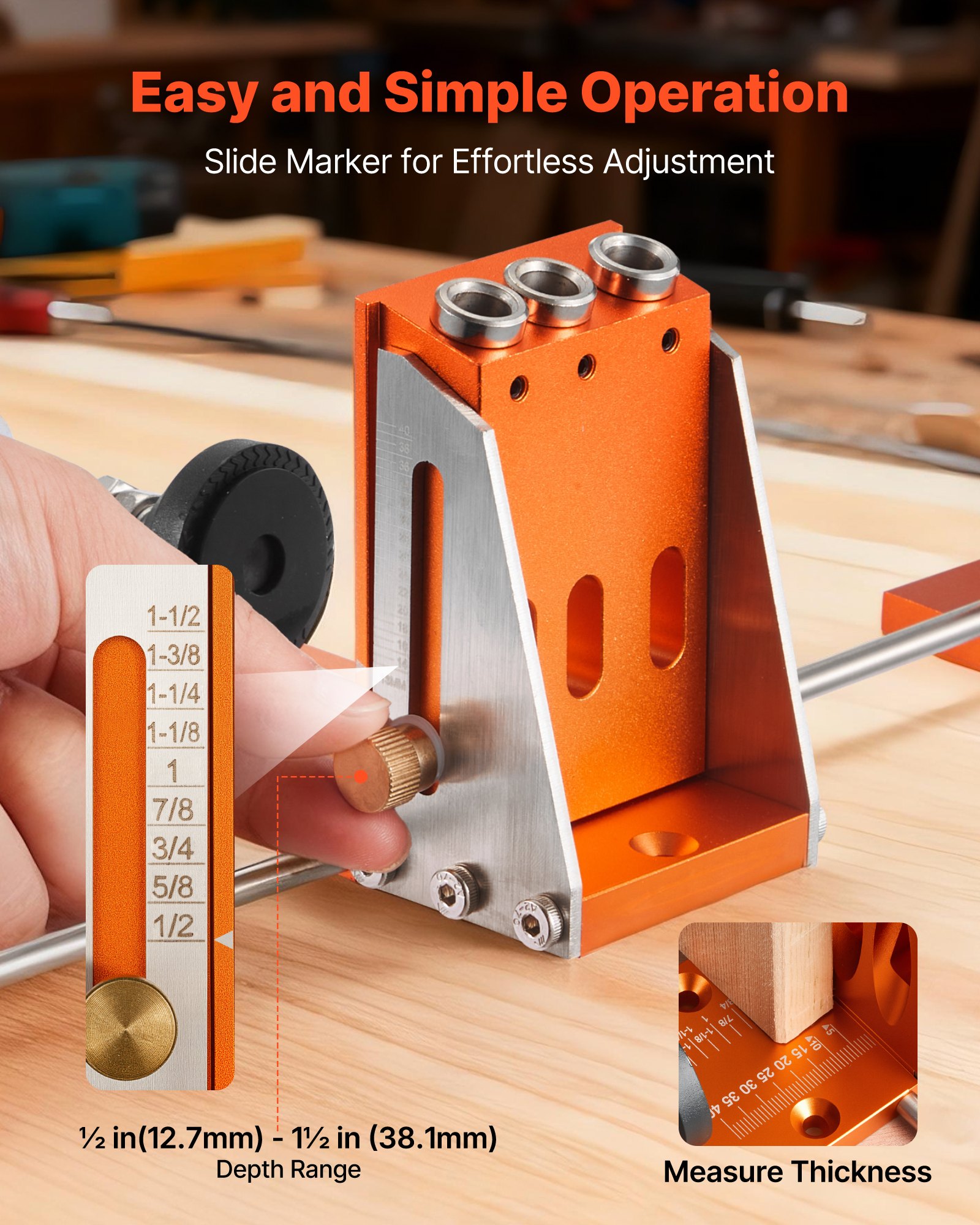 VEVOR Pocket Hole Jig Kit, 1/2 to 1-1/2 in Adjustable, Jig Pocket Hole System with Toolcase, C-Clamp, Step Drill, Hex Wrench, Drill Stop Ring, Square Drive Bit, Reinforced Metal Frame, for Woodworking