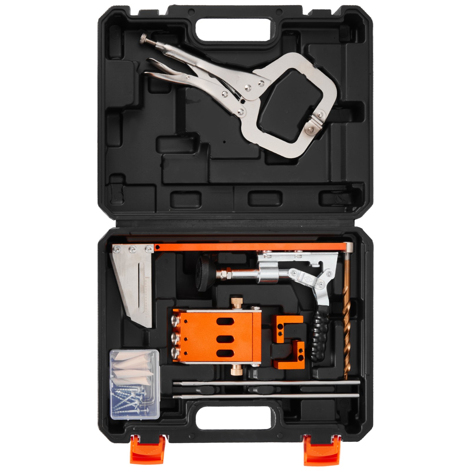 VEVOR Pocket Hole Jig Kit, 1/2 to 1-1/2 in Adjustable, Jig Pocket Hole System with Toolcase, C-Clamp, Step Drill, Hex Wrench, Drill Stop Ring, Square Drive Bit, Reinforced Metal Frame, for Woodworking