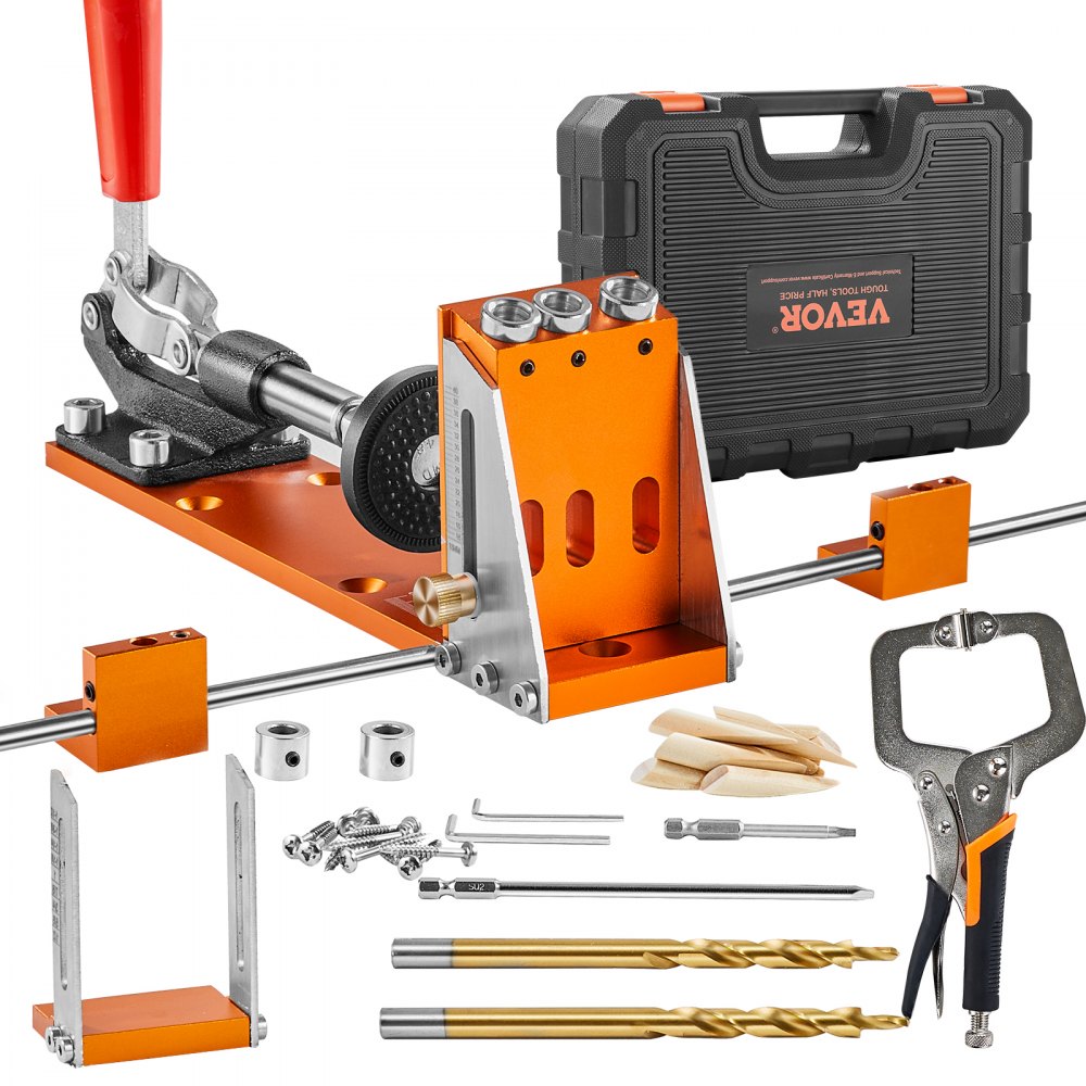 VEVOR Pocket Hole Jig Kit, 34 Pcs Pocket Hole Jig System with 11" C-clamp,  Fixture, Step Drills, Wrenches, Drill Stop Rings, Square Drive Bits, Toolbox, for DIY Carpentry Projects, Adjustable