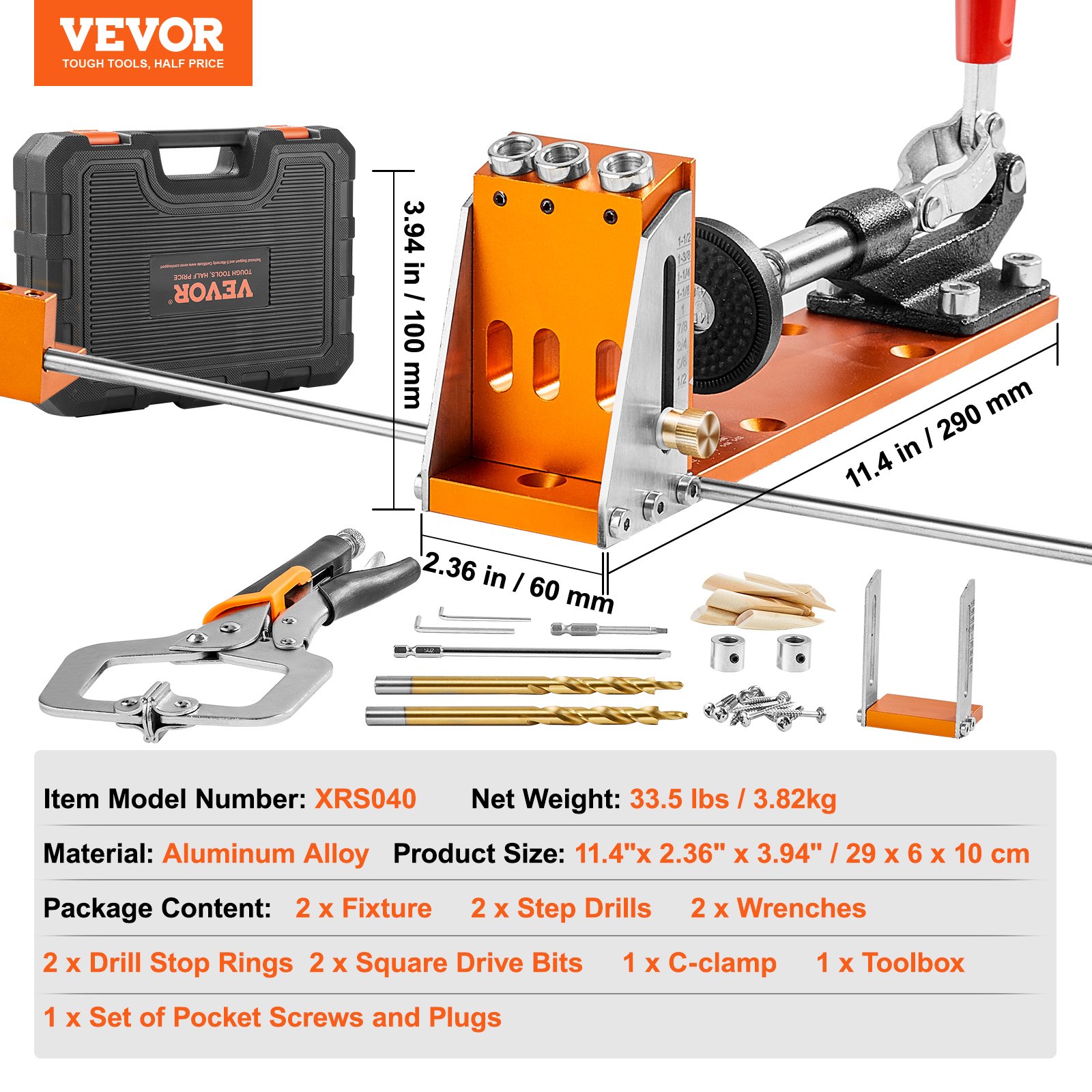 VEVOR Pocket Hole Jig Kit, 34 Pcs Pocket Hole Jig System with 11" C-clamp,  Fixture, Step Drills, Wrenches, Drill Stop Rings, Square Drive Bits, Toolbox, for DIY Carpentry Projects, Adjustable