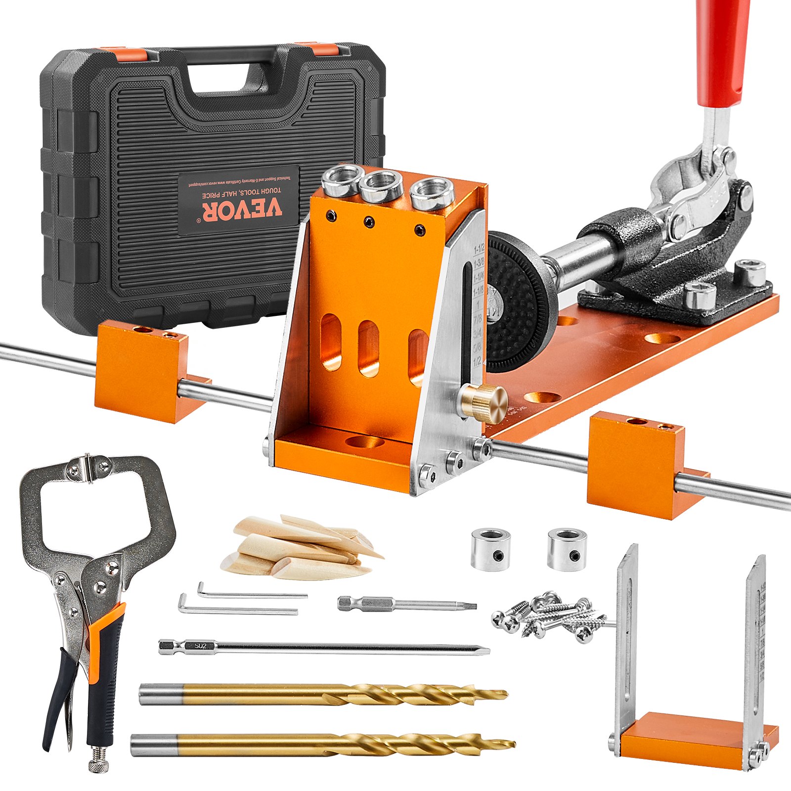 VEVOR Pocket Hole Jig Kit, 34 Pcs Pocket Hole Jig System with 11" C-clamp,  Fixture, Step Drills, Wrenches, Drill Stop Rings, Square Drive Bits, Toolbox, for DIY Carpentry Projects, Adjustable
