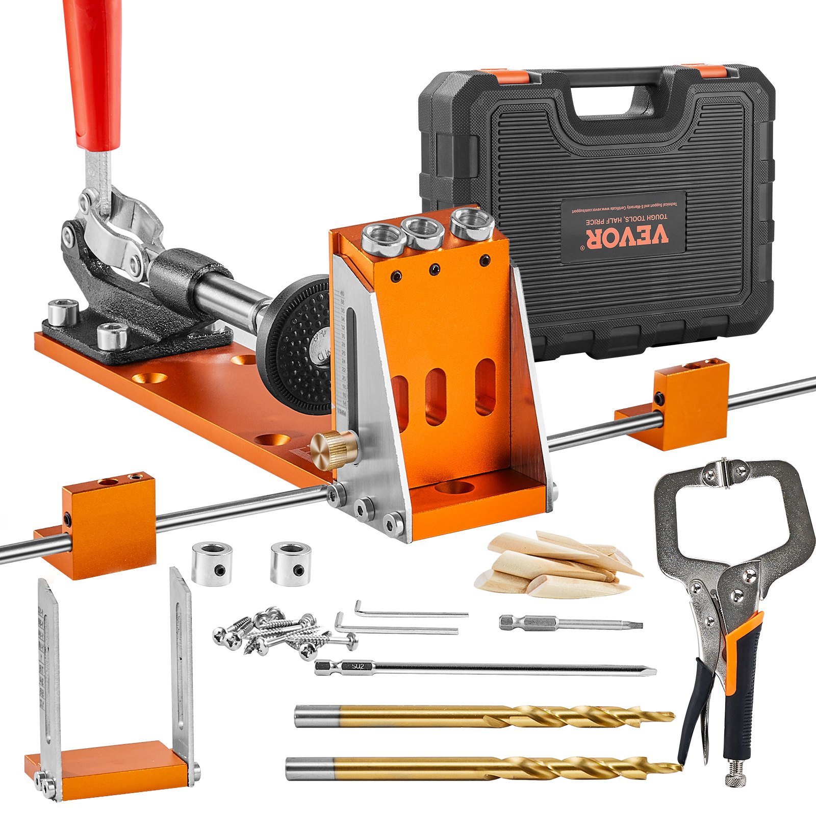 VEVOR Pocket Hole Jig Kit, 34 Pcs Pocket Hole Jig System with 11" C-clamp,  Fixture, Step Drills, Wrenches, Drill Stop Rings, Square Drive Bits, Toolbox, for DIY Carpentry Projects, Adjustable