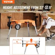 VEVOR Miter Saw Stand with Tabletop and Wheels, 330lbs Load Capacity Steel Collapsible Rolling Stand for Miter Saw, Adjustable Height and Length, Portable Compact and Folding Miter Saw Stand