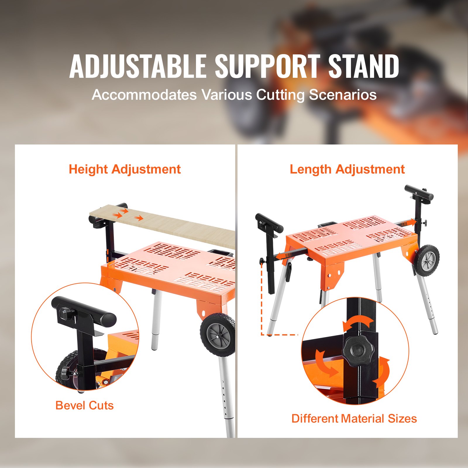 VEVOR Miter Saw Stand with Tabletop and Wheels, 330lbs Load Capacity Steel Collapsible Rolling Stand for Miter Saw, Adjustable Height and Length, Portable Compact and Folding Miter Saw Stand