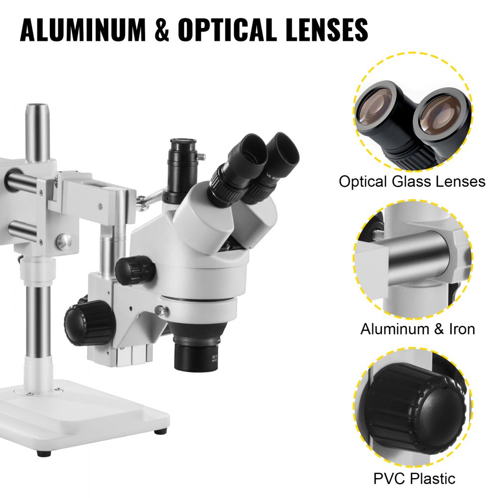 VEVOR 7X-45X Trinocular Stereo Microscope with Boom Stand Steel Frame Focus Knob