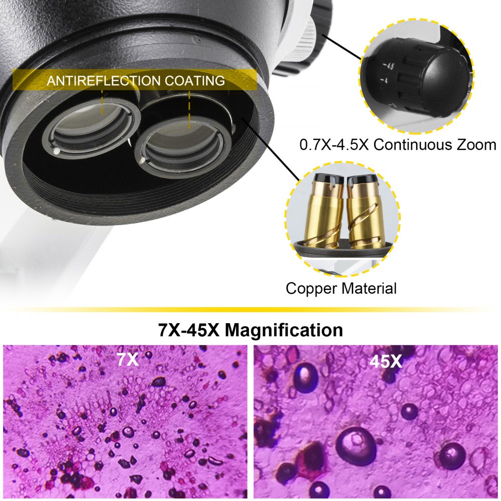 VEVOR 7X-45X Trinocular Stereo Microscope with Boom Stand Steel Frame Focus Knob