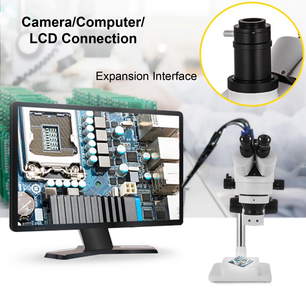 VEVOR 7X-45X Trinocular Stereo Microscope with Boom Stand Steel Frame Focus Knob