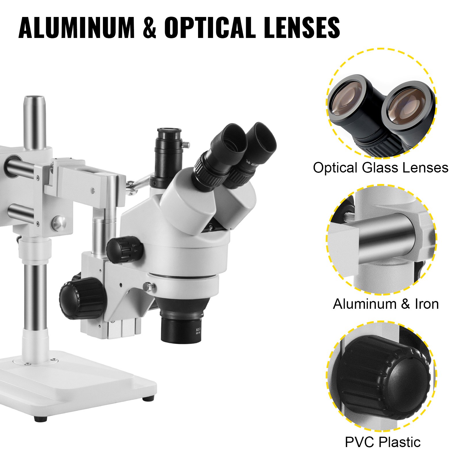 VEVOR 7X-45X Trinocular Stereo Microscope with Boom Stand Steel Frame Focus Knob