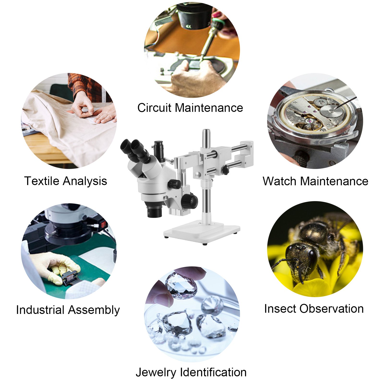 VEVOR 7X-45X Trinocular Stereo Microscope with Boom Stand Steel Frame Focus Knob