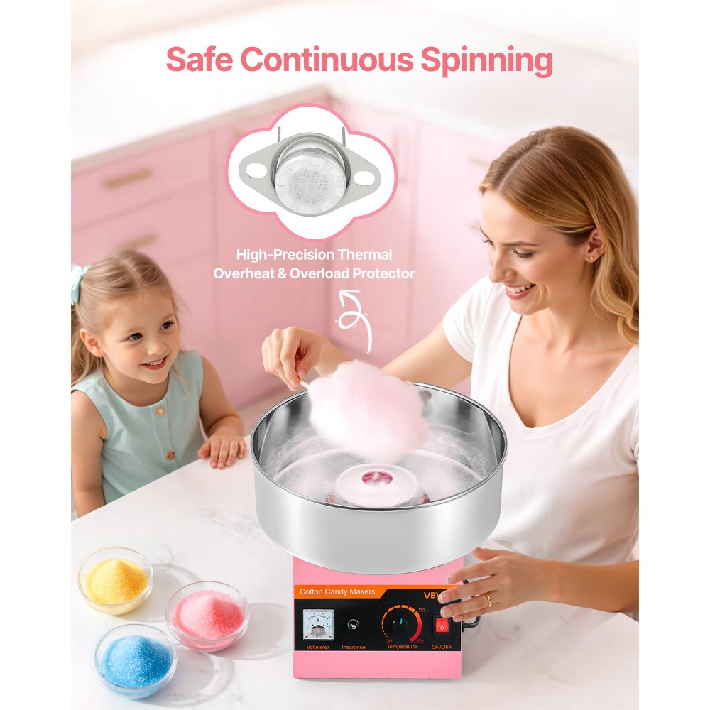 VEVOR Cotton Candy Machine Commercial, 1000W Electric Candy Floss Maker, Easy Use with 38cm Stainless Steel Bowl and Sugar Scoop, Makes Hard Candy for Home Kids Birthday, Family Party, Pink