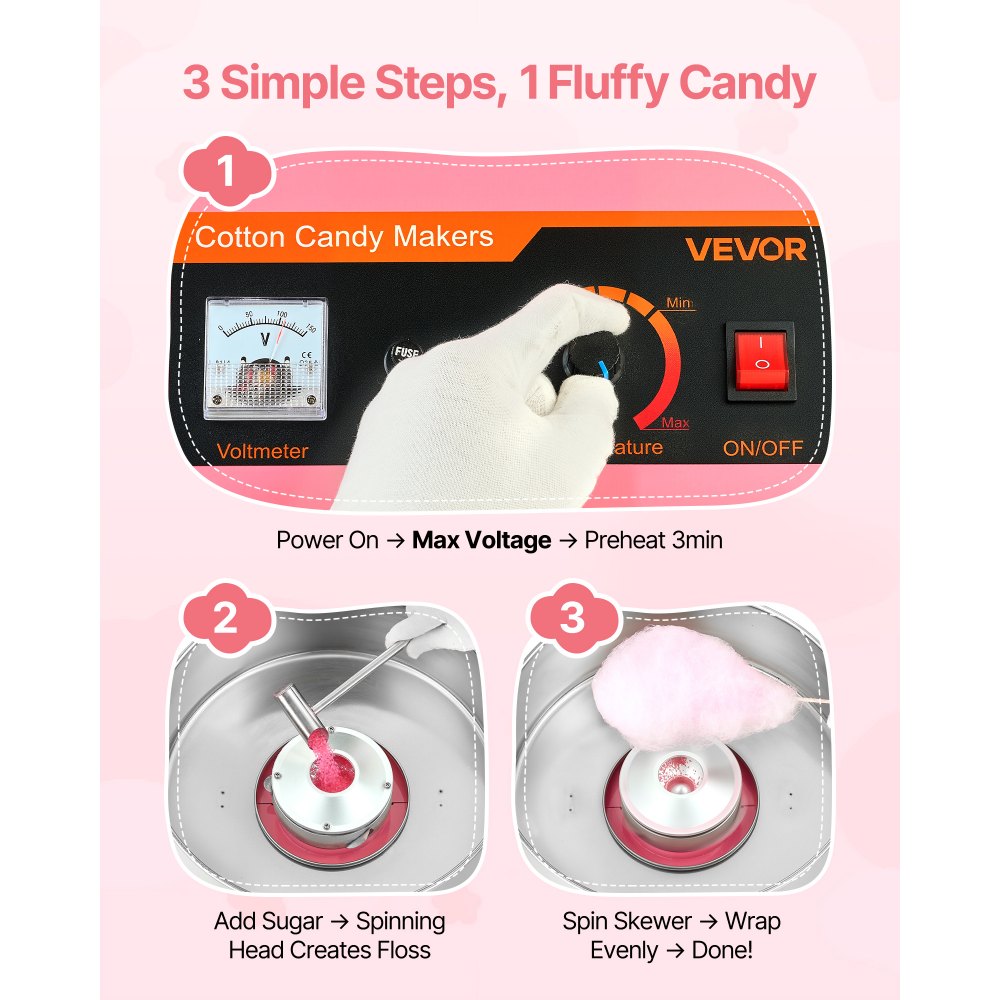 VEVOR Cotton Candy Machine Commercial, 1000W Electric Candy Floss Maker, Easy Use with 38cm Stainless Steel Bowl and Sugar Scoop, Makes Hard Candy for Home Kids Birthday, Family Party, Pink