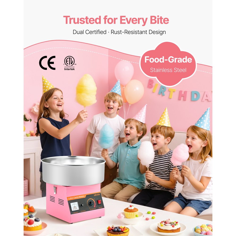 VEVOR Cotton Candy Machine Commercial, 1000W Electric Candy Floss Maker, Easy Use with 38cm Stainless Steel Bowl and Sugar Scoop, Makes Hard Candy for Home Kids Birthday, Family Party, Pink