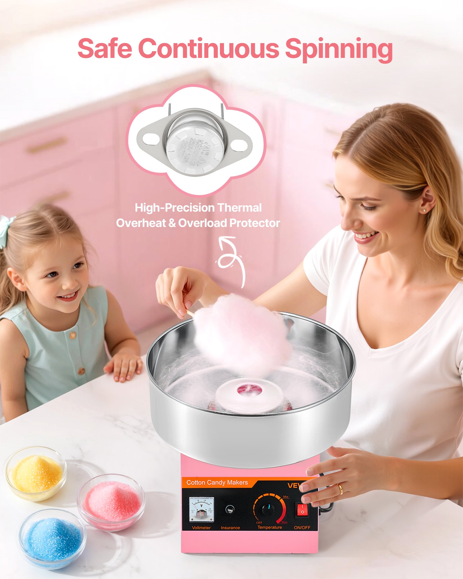 VEVOR Cotton Candy Machine Commercial, 1000W Electric Candy Floss Maker, Easy Use with 38cm Stainless Steel Bowl and Sugar Scoop, Makes Hard Candy for Home Kids Birthday, Family Party, Pink