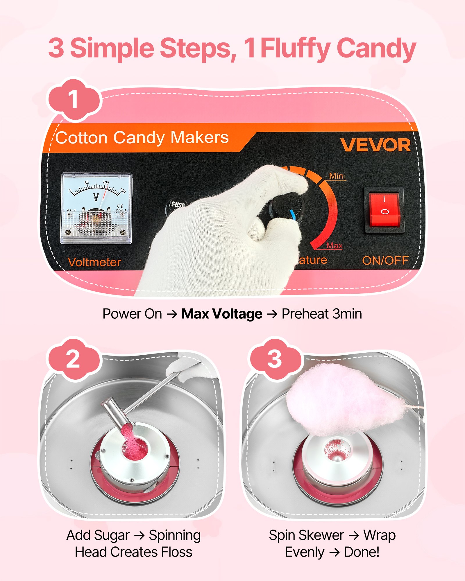 VEVOR Cotton Candy Machine Commercial, 1000W Electric Candy Floss Maker, Easy Use with 38cm Stainless Steel Bowl and Sugar Scoop, Makes Hard Candy for Home Kids Birthday, Family Party, Pink