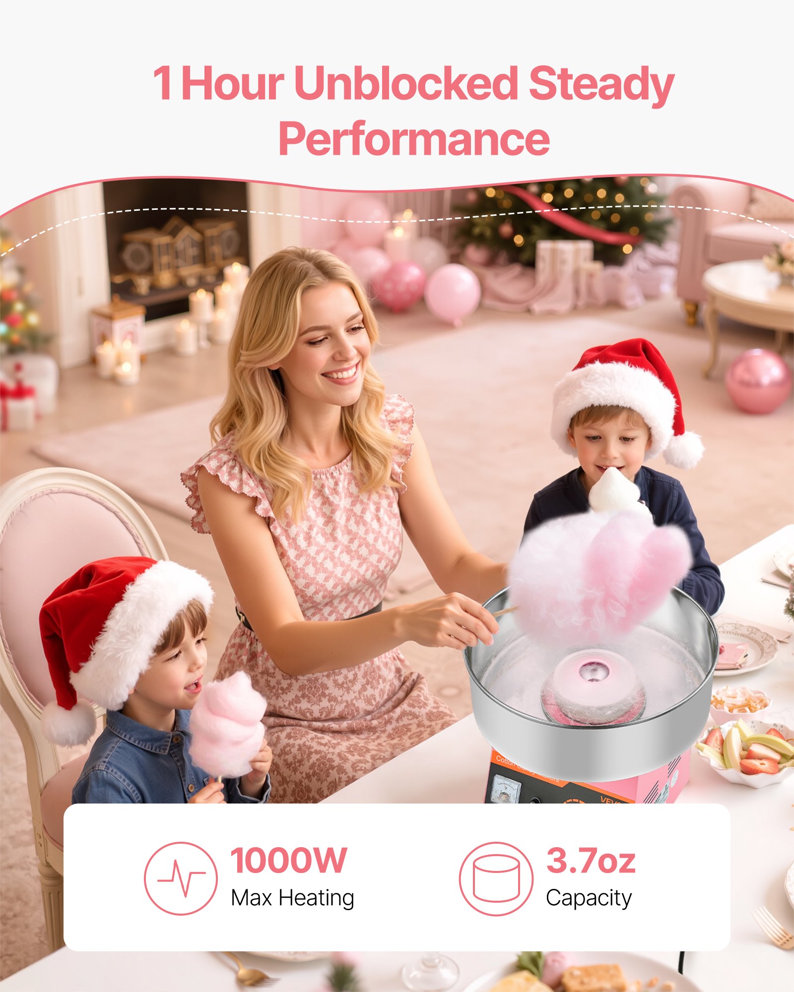 VEVOR Cotton Candy Machine Commercial, 1000W Electric Candy Floss Maker, Easy Use with 38cm Stainless Steel Bowl and Sugar Scoop, Makes Hard Candy for Home Kids Birthday, Family Party, Pink
