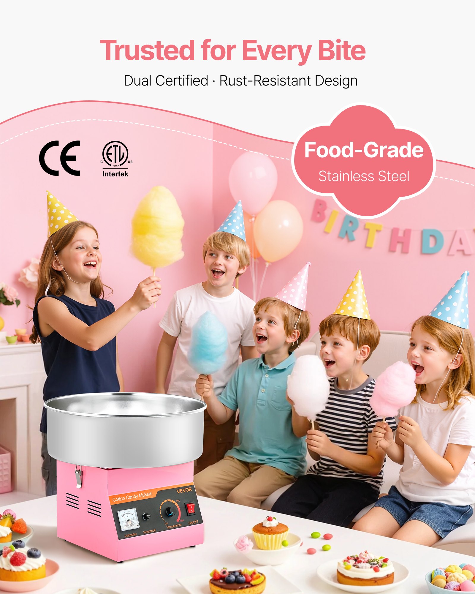 VEVOR Cotton Candy Machine Commercial, 1000W Electric Candy Floss Maker, Easy Use with 38cm Stainless Steel Bowl and Sugar Scoop, Makes Hard Candy for Home Kids Birthday, Family Party, Pink