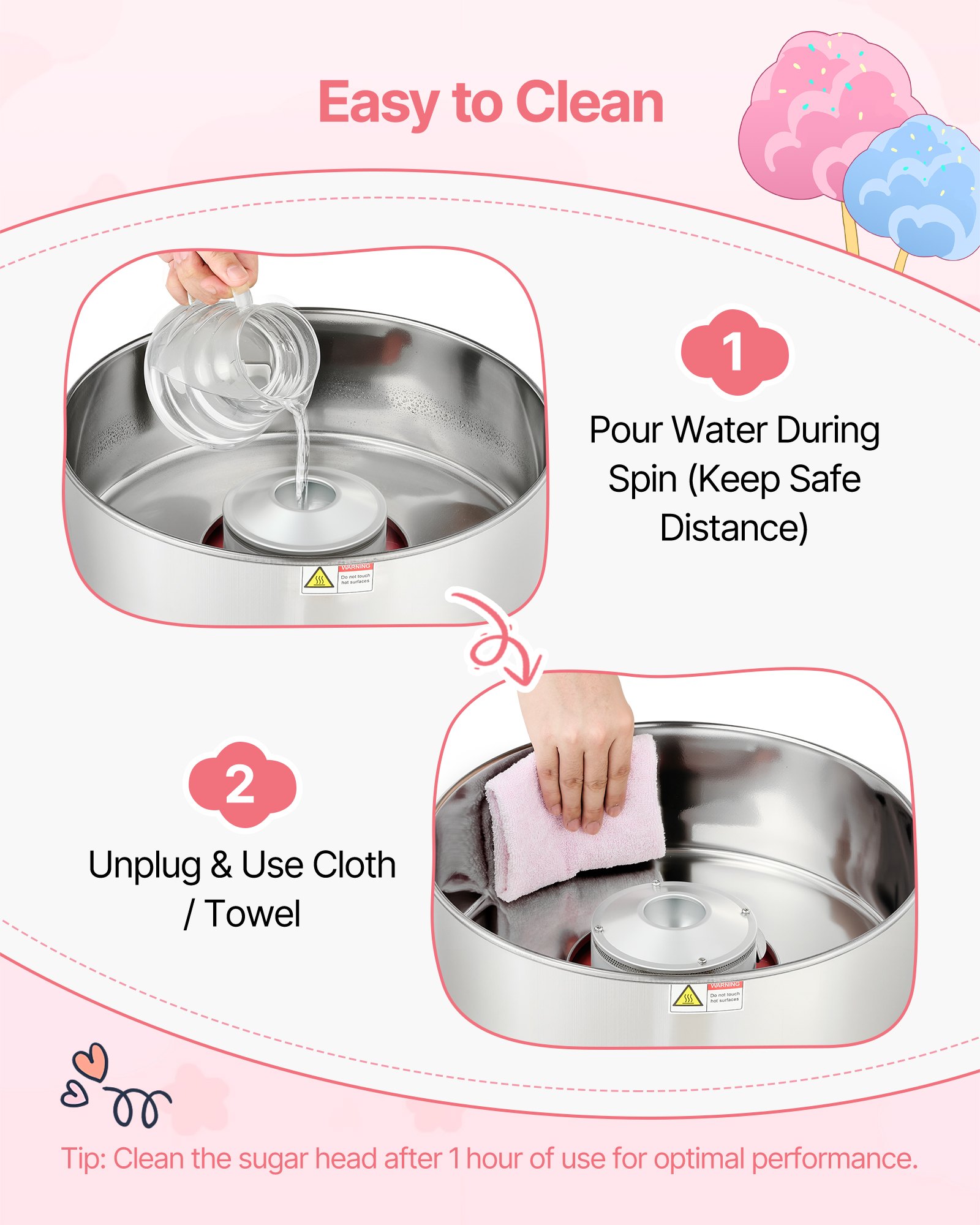 VEVOR Cotton Candy Machine Commercial, 1000W Electric Candy Floss Maker, Easy Use with 38cm Stainless Steel Bowl and Sugar Scoop, Makes Hard Candy for Home Kids Birthday, Family Party, Pink