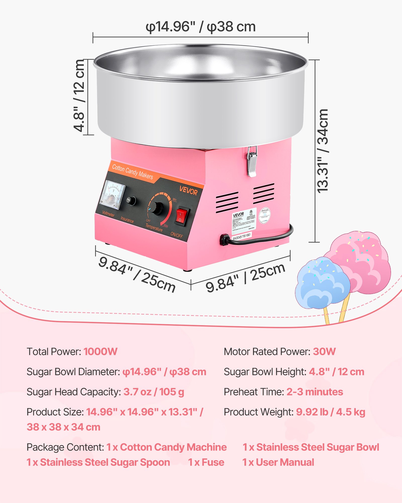 VEVOR Cotton Candy Machine Commercial, 1000W Electric Candy Floss Maker, Easy Use with 38cm Stainless Steel Bowl and Sugar Scoop, Makes Hard Candy for Home Kids Birthday, Family Party, Pink