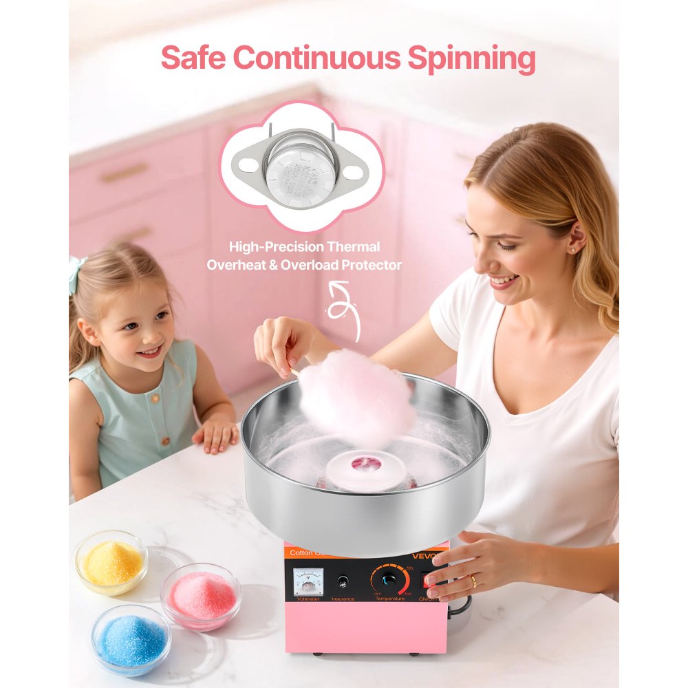VEVOR Cotton Candy Machine Commercial, 1000W Electric Candy Floss Maker, Easy Use with 38cm Stainless Steel Bowl and Sugar Scoop, Makes Hard Candy for Home Kids Birthday, Family Party, Pink