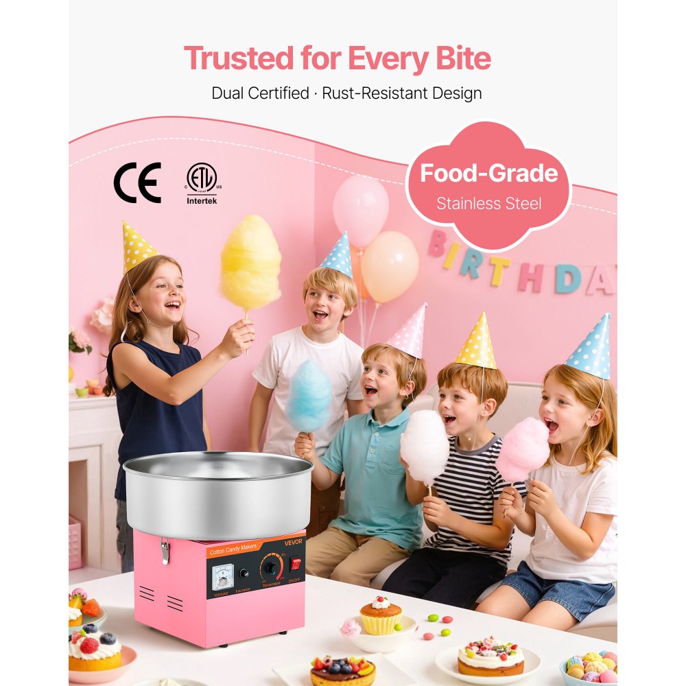 VEVOR Cotton Candy Machine Commercial, 1000W Electric Candy Floss Maker, Easy Use with 38cm Stainless Steel Bowl and Sugar Scoop, Makes Hard Candy for Home Kids Birthday, Family Party, Pink