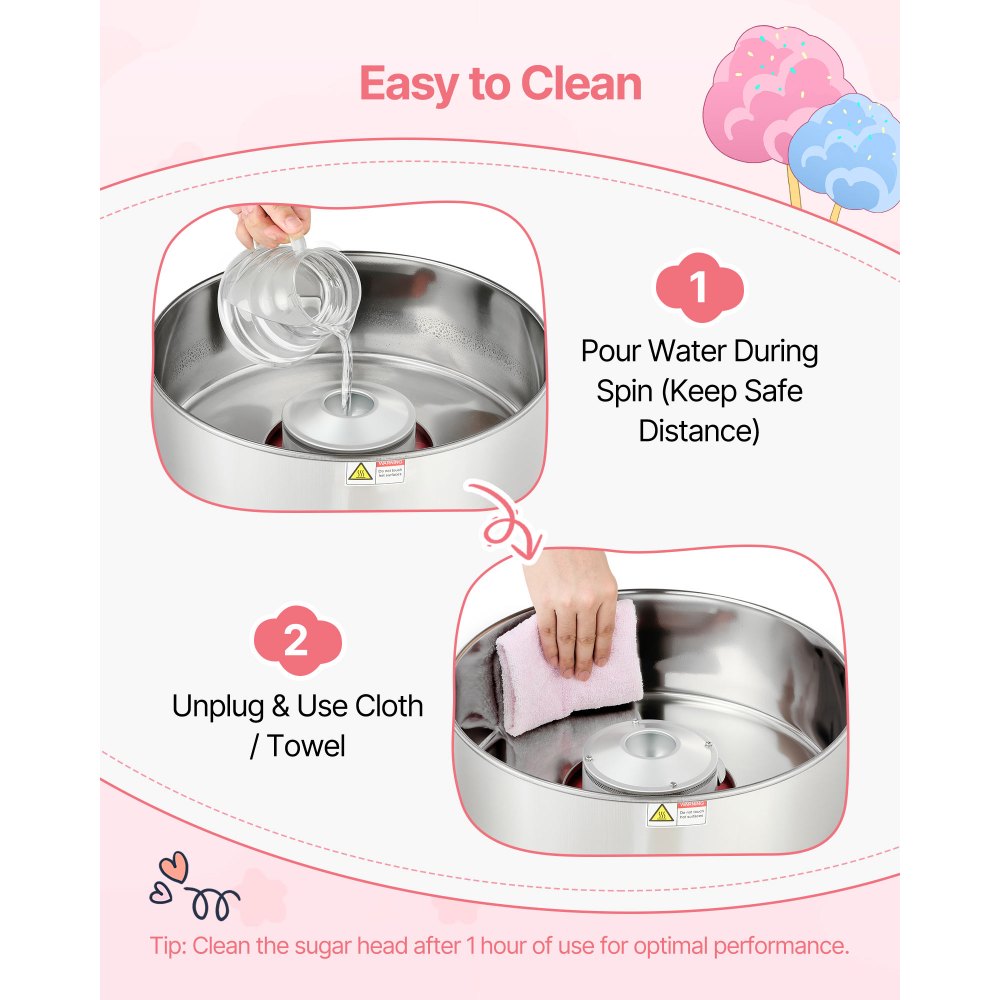 VEVOR Cotton Candy Machine Commercial, 1000W Electric Candy Floss Maker, Easy Use with 38cm Stainless Steel Bowl and Sugar Scoop, Makes Hard Candy for Home Kids Birthday, Family Party, Pink