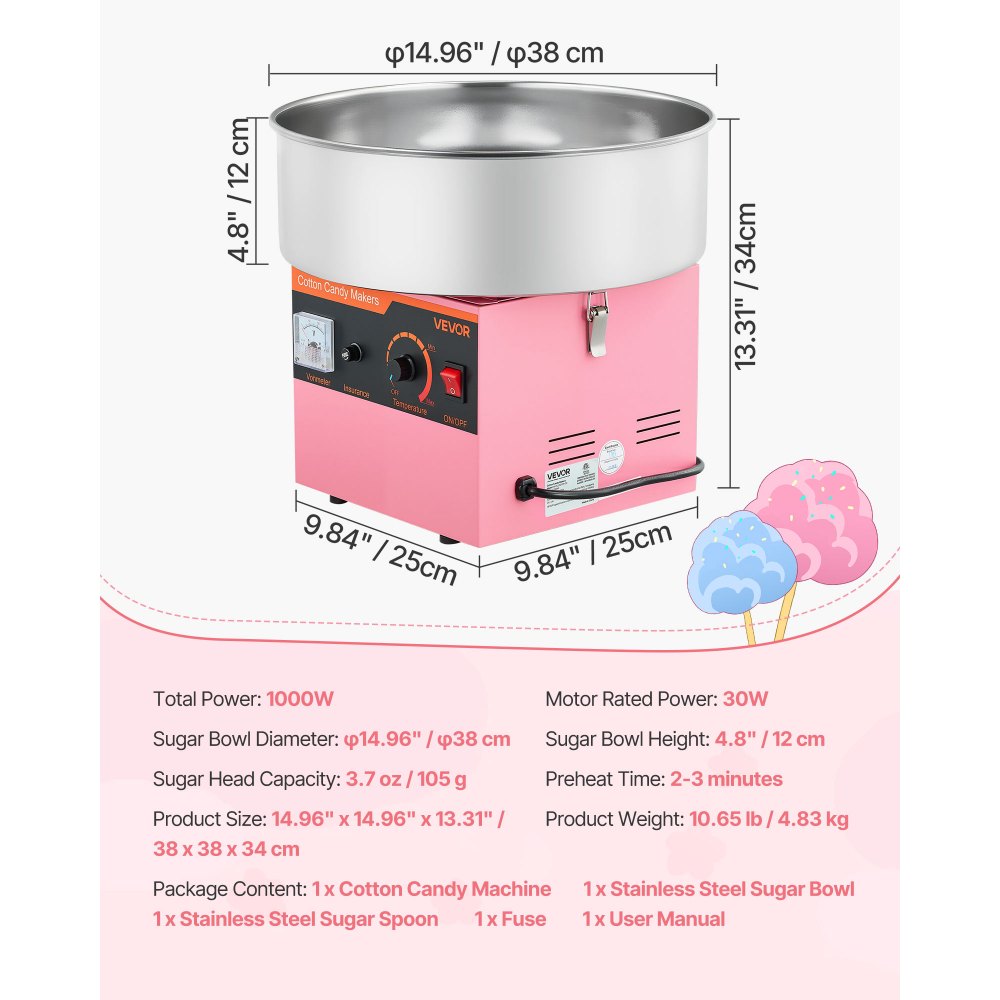 VEVOR Cotton Candy Machine Commercial, 1000W Electric Candy Floss Maker, Easy Use with 38cm Stainless Steel Bowl and Sugar Scoop, Makes Hard Candy for Home Kids Birthday, Family Party, Pink