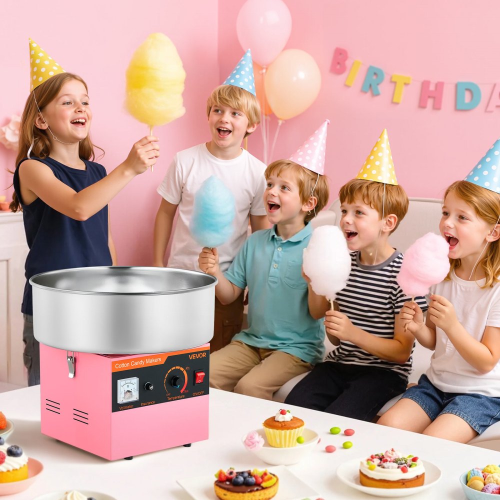 VEVOR Cotton Candy Machine Commercial, 1000W Electric Candy Floss Maker, Easy Use with 38cm Stainless Steel Bowl and Sugar Scoop, Makes Hard Candy for Home Kids Birthday, Family Party, Pink