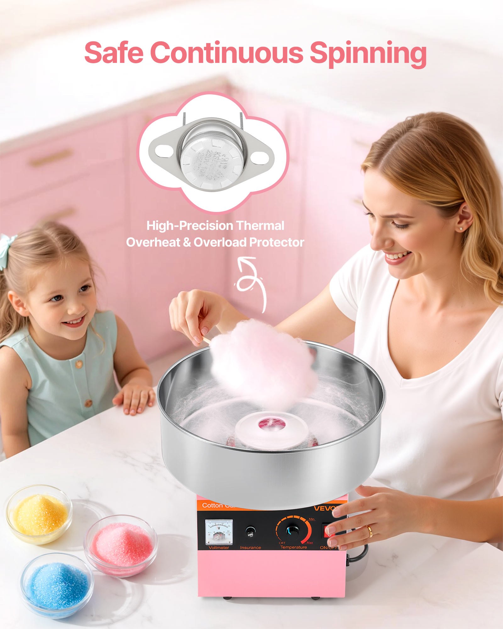 VEVOR Cotton Candy Machine Commercial, 1000W Electric Candy Floss Maker, Easy Use with 38cm Stainless Steel Bowl and Sugar Scoop, Makes Hard Candy for Home Kids Birthday, Family Party, Pink