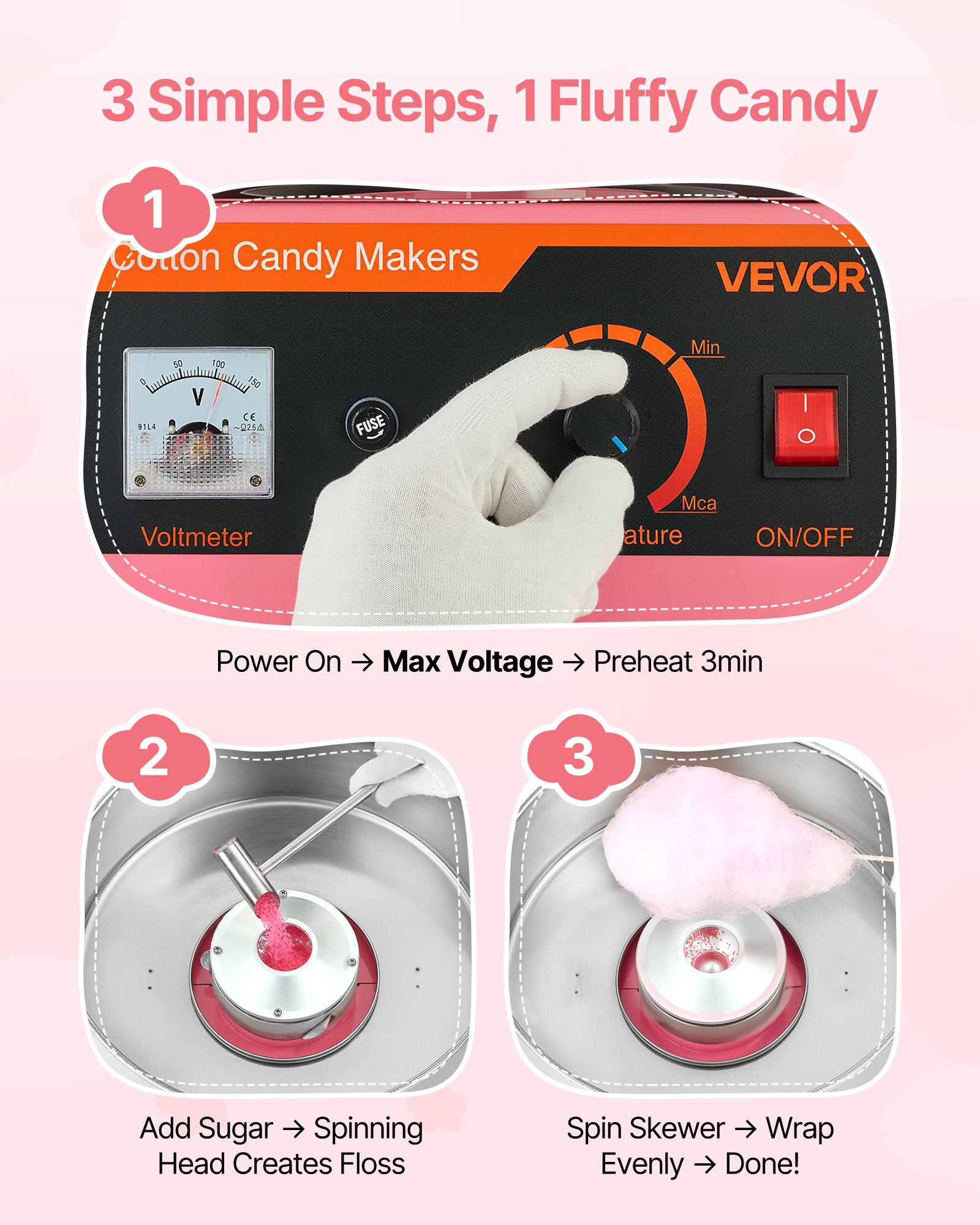 VEVOR Cotton Candy Machine Commercial, 1000W Electric Candy Floss Maker, Easy Use with 38cm Stainless Steel Bowl and Sugar Scoop, Makes Hard Candy for Home Kids Birthday, Family Party, Pink