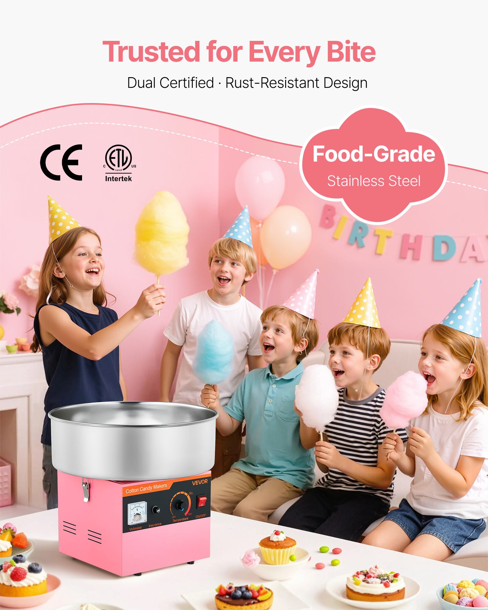 VEVOR Cotton Candy Machine Commercial, 1000W Electric Candy Floss Maker, Easy Use with 38cm Stainless Steel Bowl and Sugar Scoop, Makes Hard Candy for Home Kids Birthday, Family Party, Pink