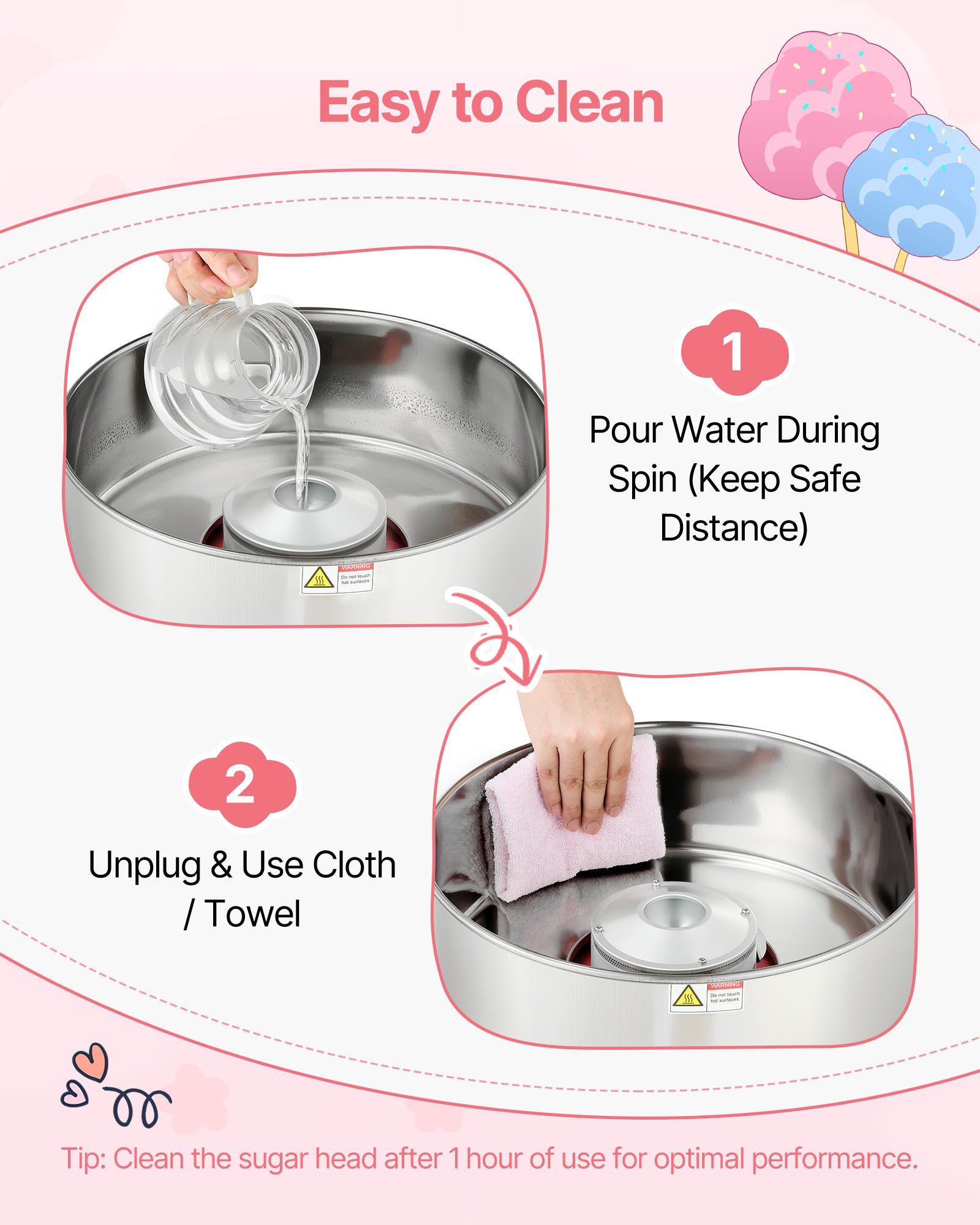 VEVOR Cotton Candy Machine Commercial, 1000W Electric Candy Floss Maker, Easy Use with 38cm Stainless Steel Bowl and Sugar Scoop, Makes Hard Candy for Home Kids Birthday, Family Party, Pink