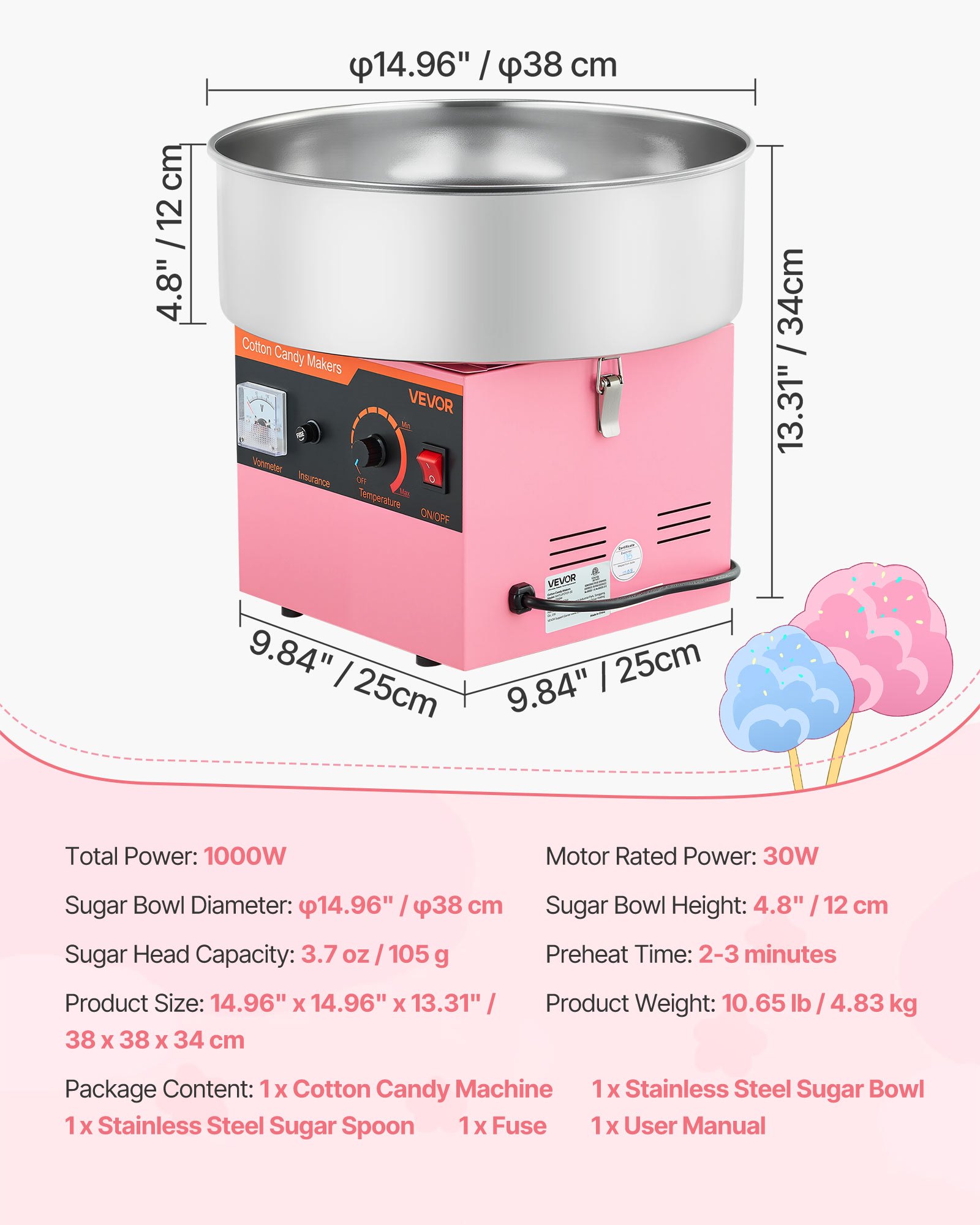 VEVOR Cotton Candy Machine Commercial, 1000W Electric Candy Floss Maker, Easy Use with 38cm Stainless Steel Bowl and Sugar Scoop, Makes Hard Candy for Home Kids Birthday, Family Party, Pink