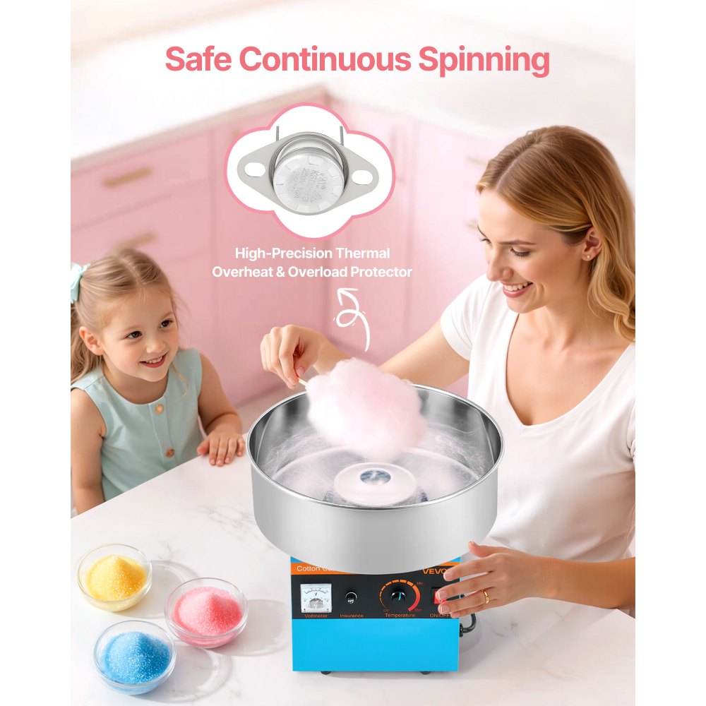 VEVOR Cotton Candy Machine Commercial, 1000W Electric Candy Floss Maker, Easy Use with 38cm Stainless Steel Bowl and Sugar Scoop, Makes Hard Candy for Home Kids Birthday, Family Party, Blue