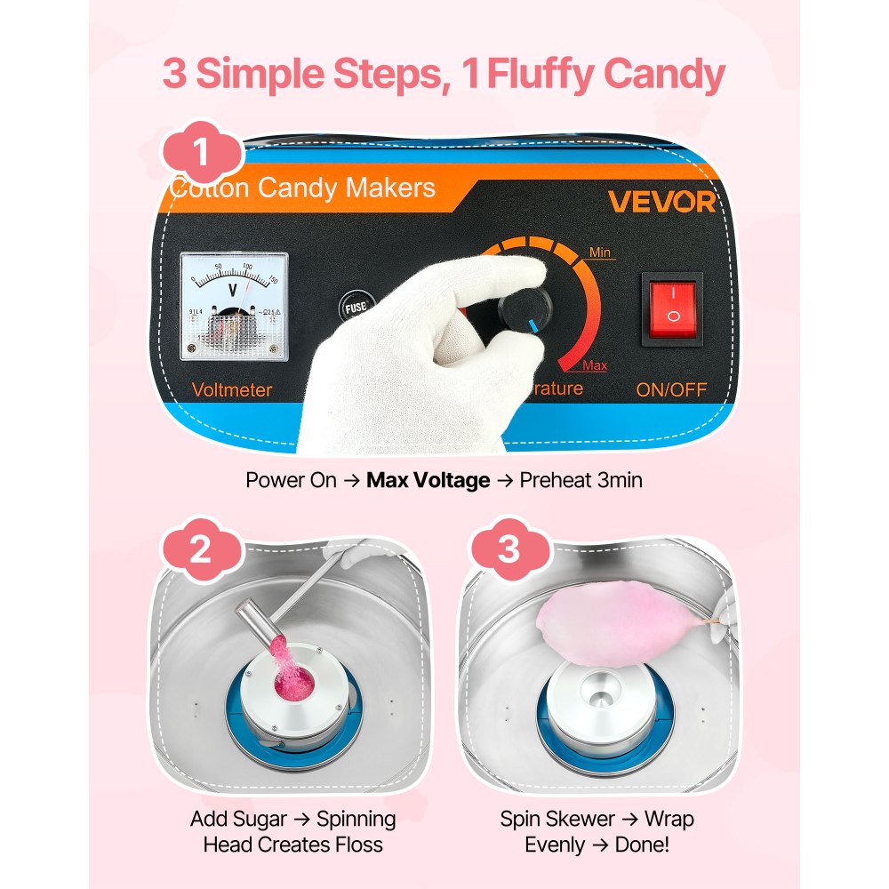 VEVOR Cotton Candy Machine Commercial, 1000W Electric Candy Floss Maker, Easy Use with 38cm Stainless Steel Bowl and Sugar Scoop, Makes Hard Candy for Home Kids Birthday, Family Party, Blue