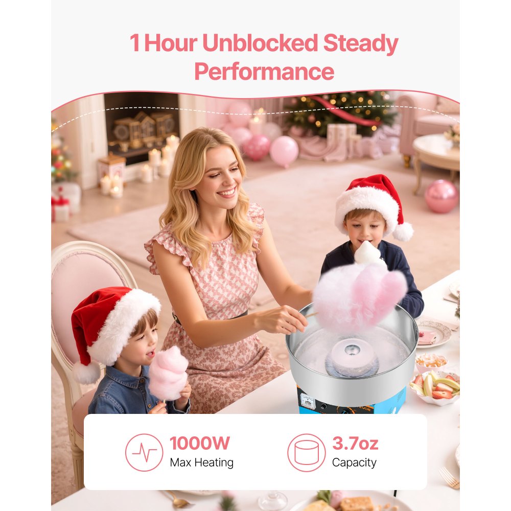 VEVOR Cotton Candy Machine Commercial, 1000W Electric Candy Floss Maker, Easy Use with 38cm Stainless Steel Bowl and Sugar Scoop, Makes Hard Candy for Home Kids Birthday, Family Party, Blue