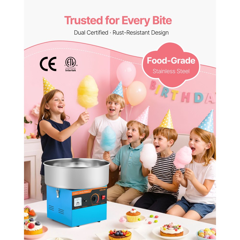 VEVOR Cotton Candy Machine Commercial, 1000W Electric Candy Floss Maker, Easy Use with 38cm Stainless Steel Bowl and Sugar Scoop, Makes Hard Candy for Home Kids Birthday, Family Party, Blue