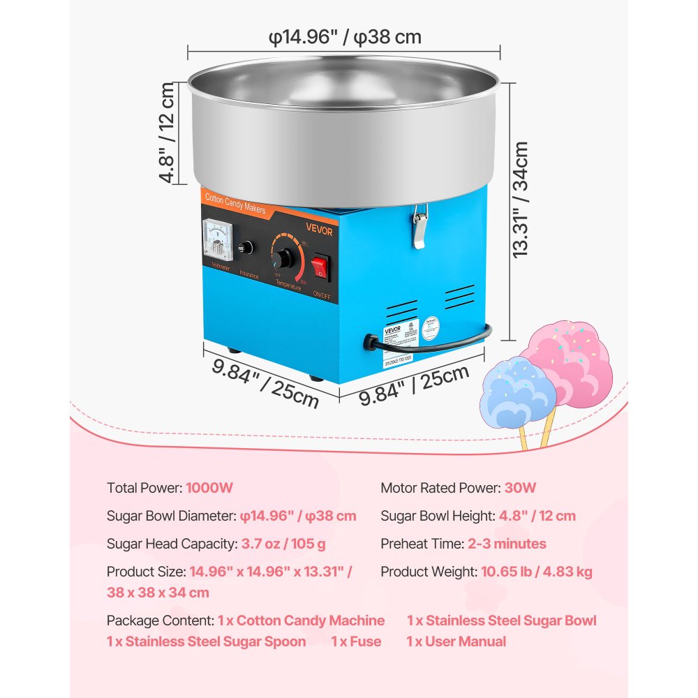 VEVOR Cotton Candy Machine Commercial, 1000W Electric Candy Floss Maker, Easy Use with 38cm Stainless Steel Bowl and Sugar Scoop, Makes Hard Candy for Home Kids Birthday, Family Party, Blue