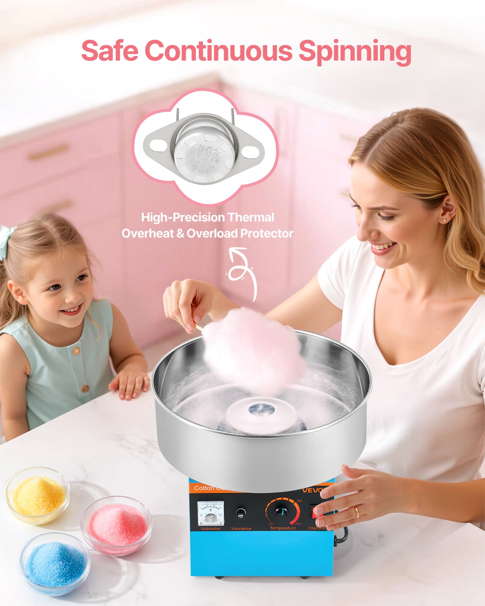 VEVOR Cotton Candy Machine Commercial, 1000W Electric Candy Floss Maker, Easy Use with 38cm Stainless Steel Bowl and Sugar Scoop, Makes Hard Candy for Home Kids Birthday, Family Party, Blue