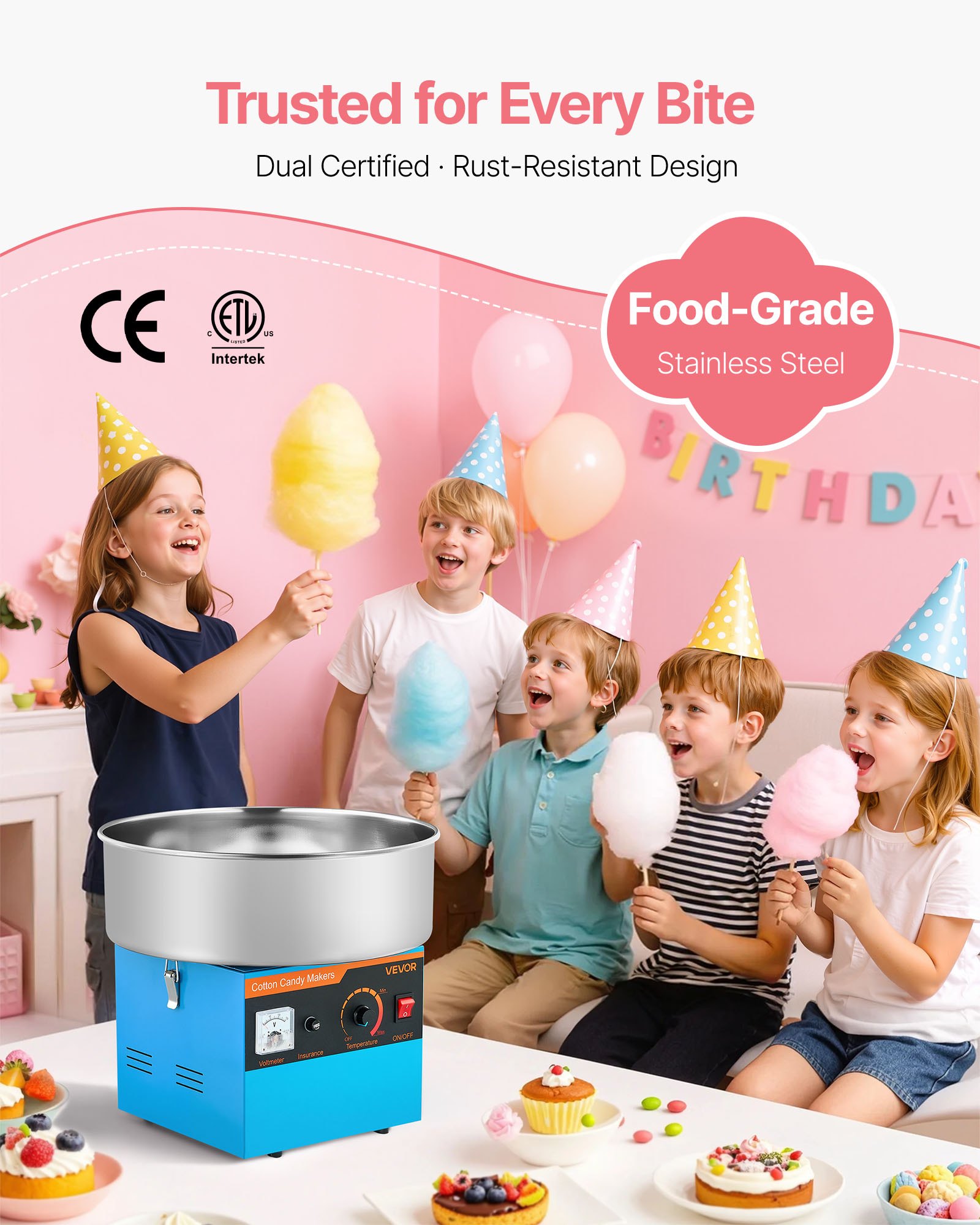 VEVOR Cotton Candy Machine Commercial, 1000W Electric Candy Floss Maker, Easy Use with 38cm Stainless Steel Bowl and Sugar Scoop, Makes Hard Candy for Home Kids Birthday, Family Party, Blue