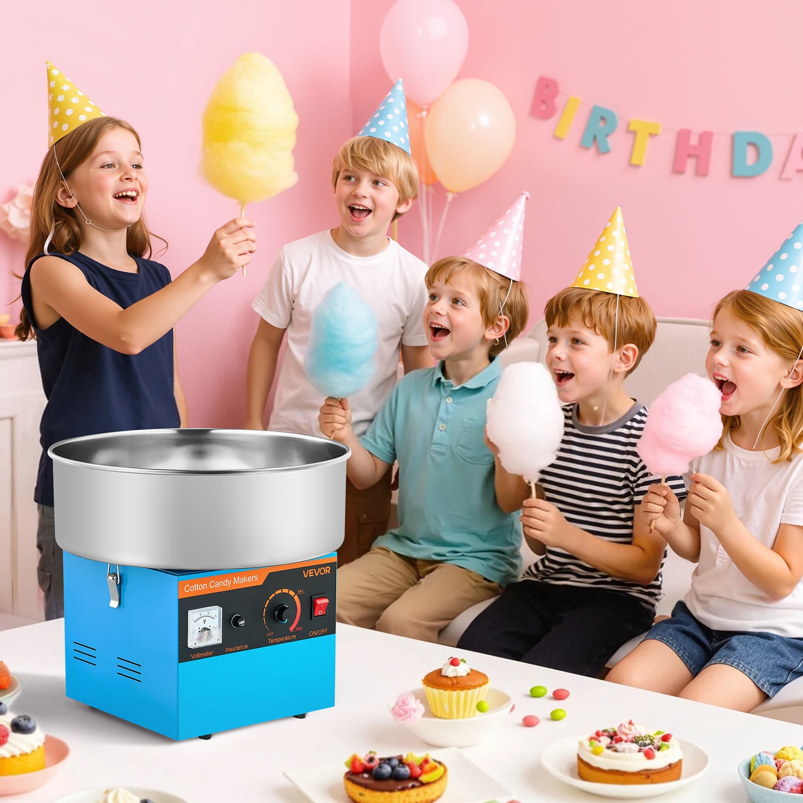 VEVOR Cotton Candy Machine Commercial, 1000W Electric Candy Floss Maker, Easy Use with 38cm Stainless Steel Bowl and Sugar Scoop, Makes Hard Candy for Home Kids Birthday, Family Party, Blue
