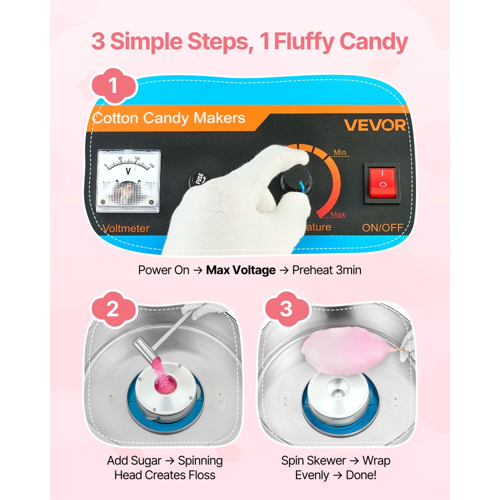 VEVOR Cotton Candy Machine Commercial, 1000W Electric Candy Floss Maker, Easy Use with 38cm Stainless Steel Bowl and Sugar Scoop, Makes Hard Candy for Home Kids Birthday, Family Party, Blue