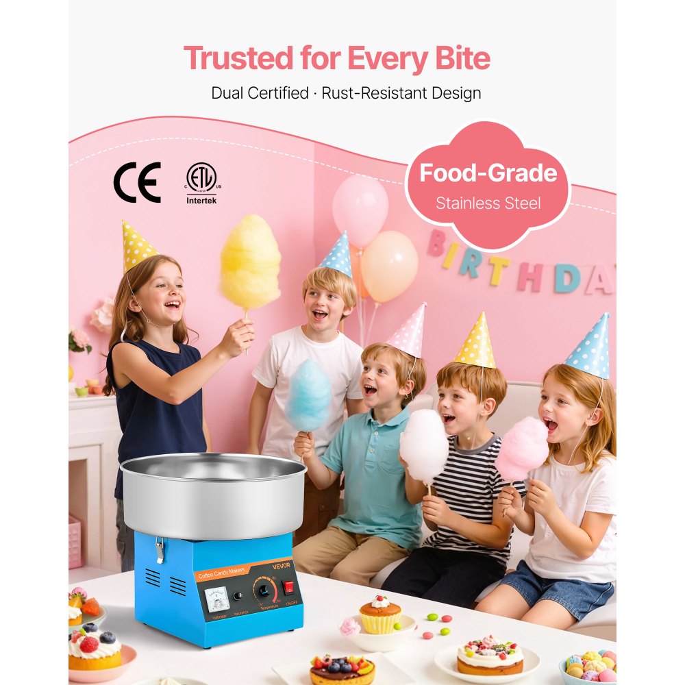 VEVOR Cotton Candy Machine Commercial, 1000W Electric Candy Floss Maker, Easy Use with 38cm Stainless Steel Bowl and Sugar Scoop, Makes Hard Candy for Home Kids Birthday, Family Party, Blue