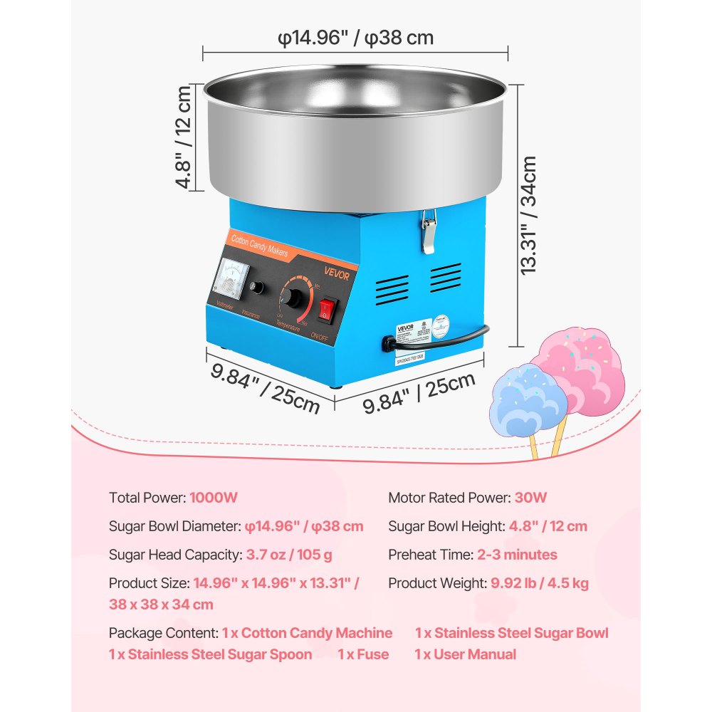 VEVOR Cotton Candy Machine Commercial, 1000W Electric Candy Floss Maker, Easy Use with 38cm Stainless Steel Bowl and Sugar Scoop, Makes Hard Candy for Home Kids Birthday, Family Party, Blue