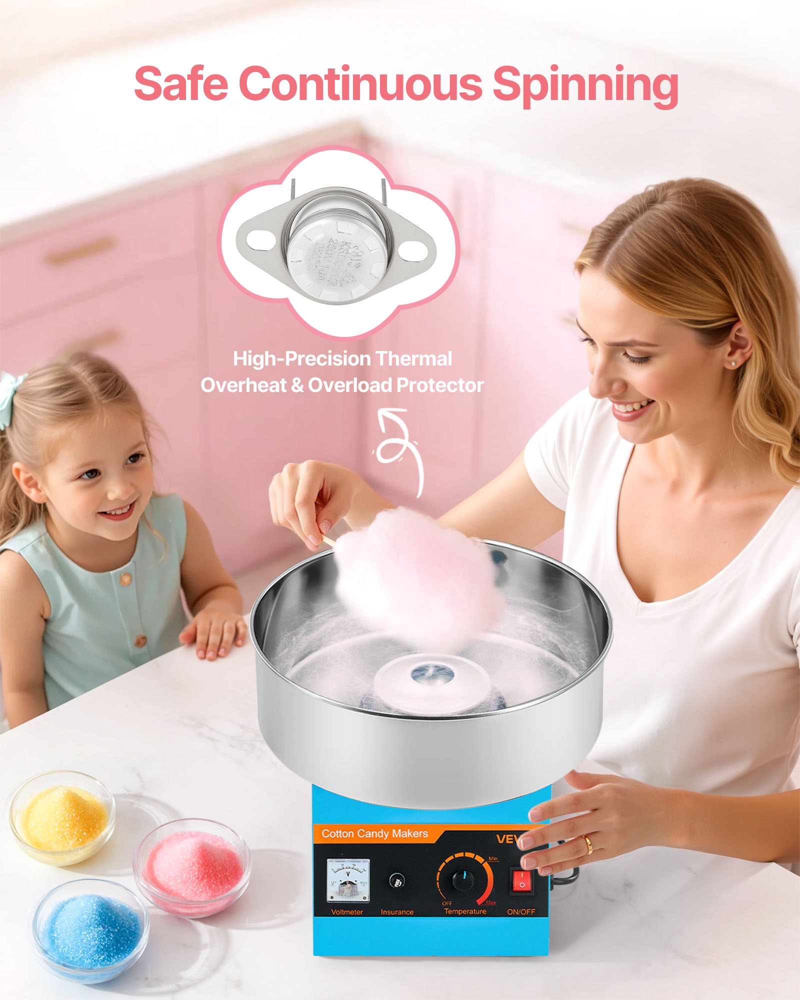VEVOR Cotton Candy Machine Commercial, 1000W Electric Candy Floss Maker, Easy Use with 38cm Stainless Steel Bowl and Sugar Scoop, Makes Hard Candy for Home Kids Birthday, Family Party, Blue