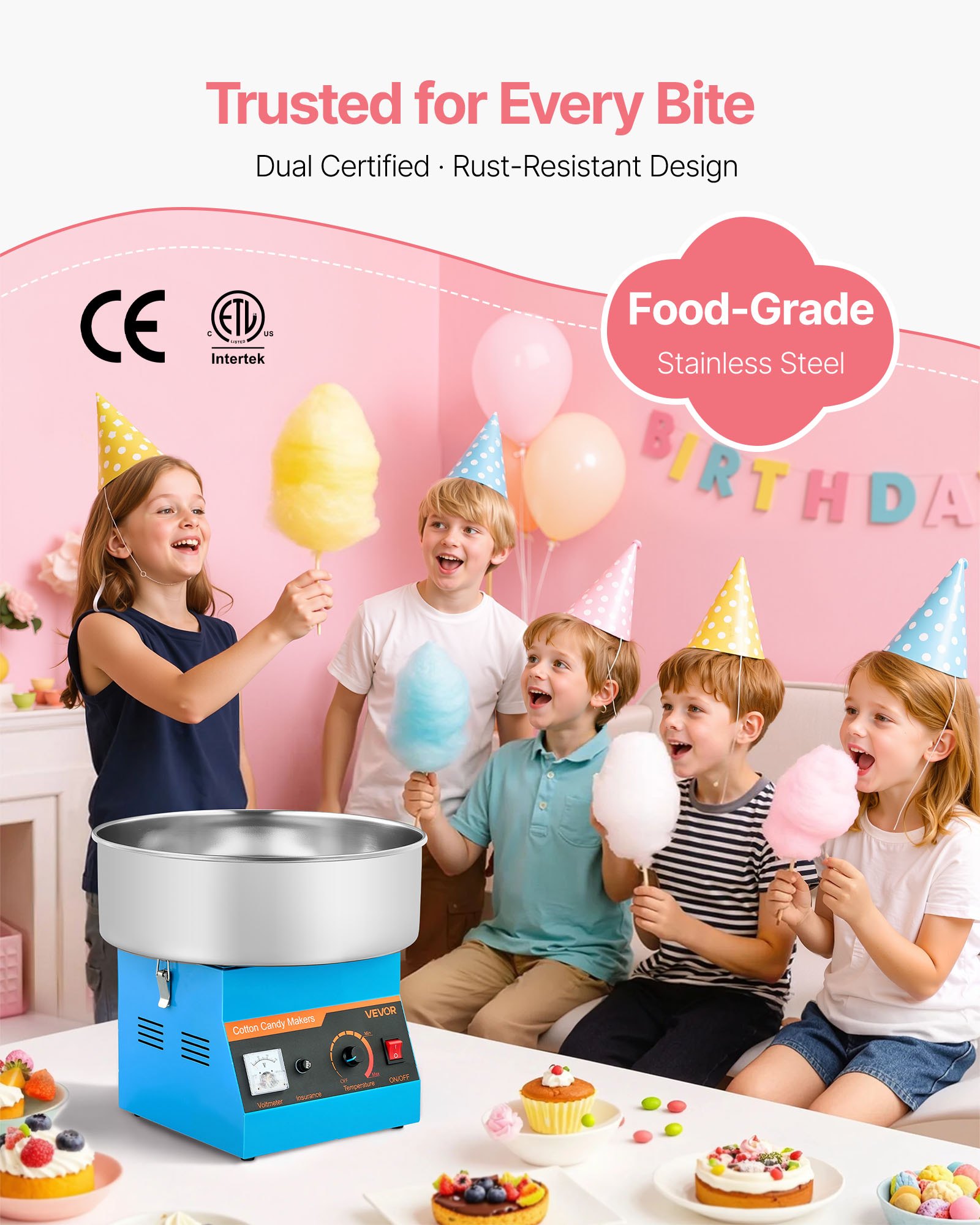 VEVOR Cotton Candy Machine Commercial, 1000W Electric Candy Floss Maker, Easy Use with 38cm Stainless Steel Bowl and Sugar Scoop, Makes Hard Candy for Home Kids Birthday, Family Party, Blue