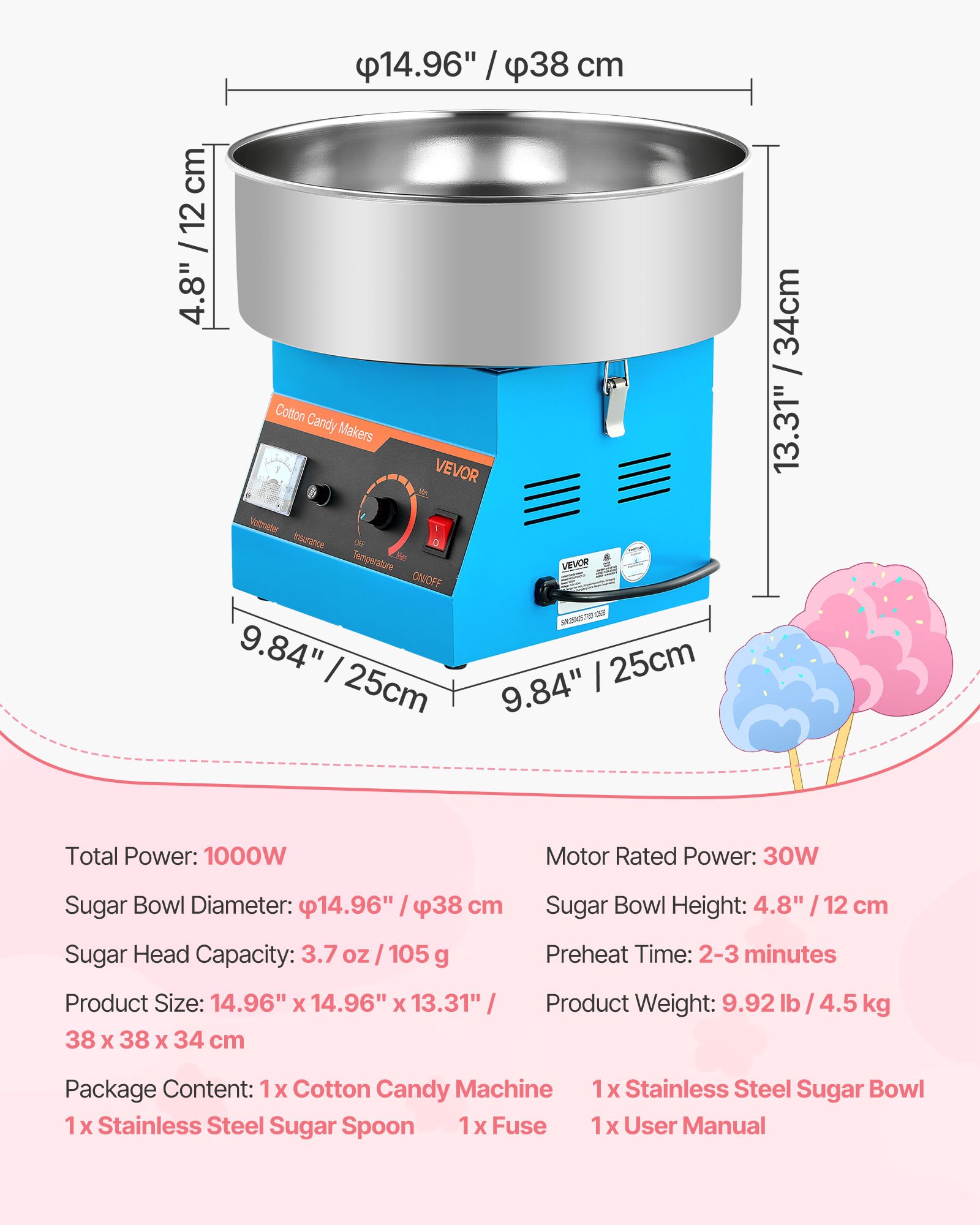 VEVOR Cotton Candy Machine Commercial, 1000W Electric Candy Floss Maker, Easy Use with 38cm Stainless Steel Bowl and Sugar Scoop, Makes Hard Candy for Home Kids Birthday, Family Party, Blue