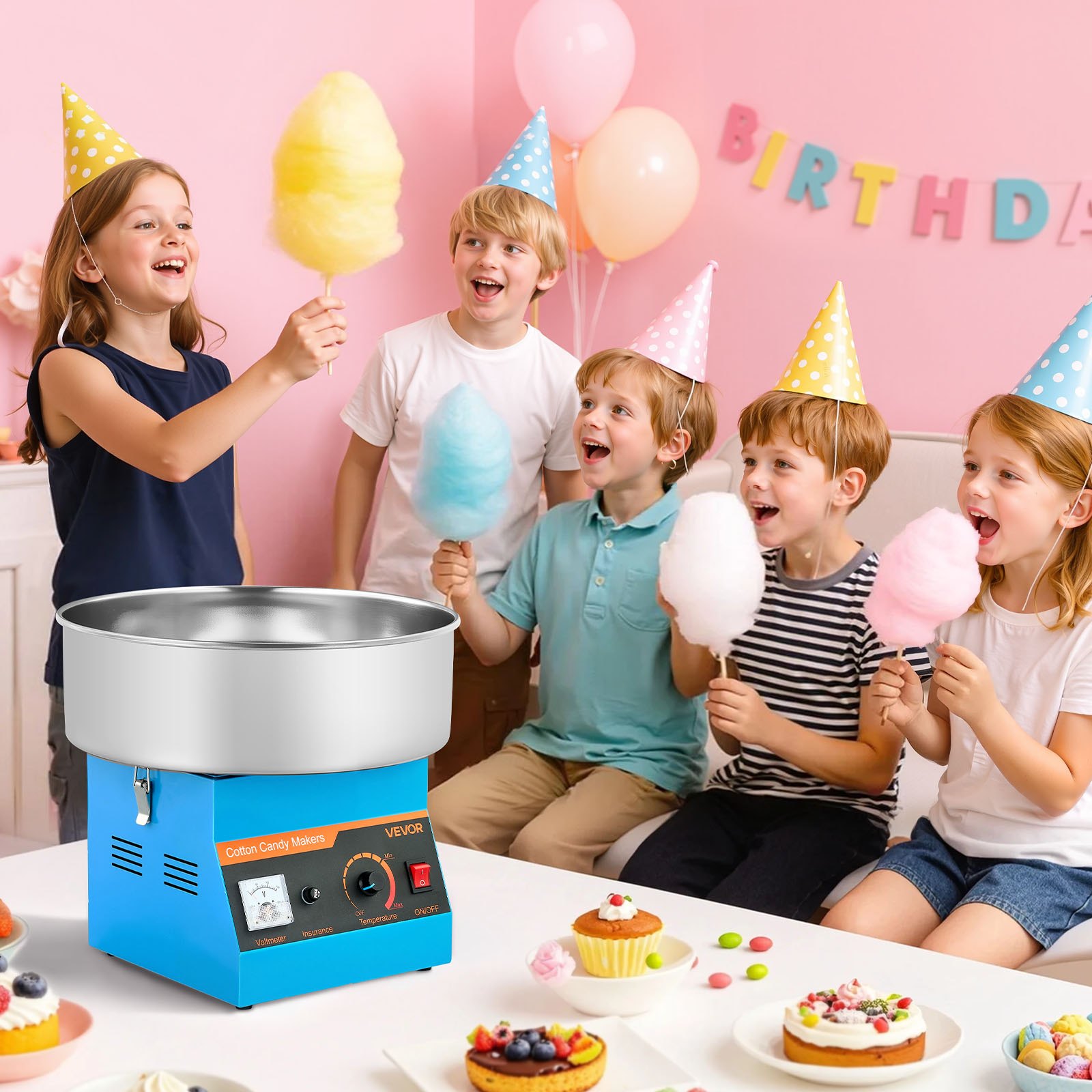 VEVOR Cotton Candy Machine Commercial, 1000W Electric Candy Floss Maker, Easy Use with 38cm Stainless Steel Bowl and Sugar Scoop, Makes Hard Candy for Home Kids Birthday, Family Party, Blue