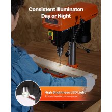 VEVOR 203.2mm Benchtop Drill Press, 500W Induction Motor, Tabletop Drilling Machine with 500 / 890 / 1400 / 1900 / 2500 RPM Adjustable Speed, 0-45° Tilting Worktable, LED Work Light, for Wood Metal