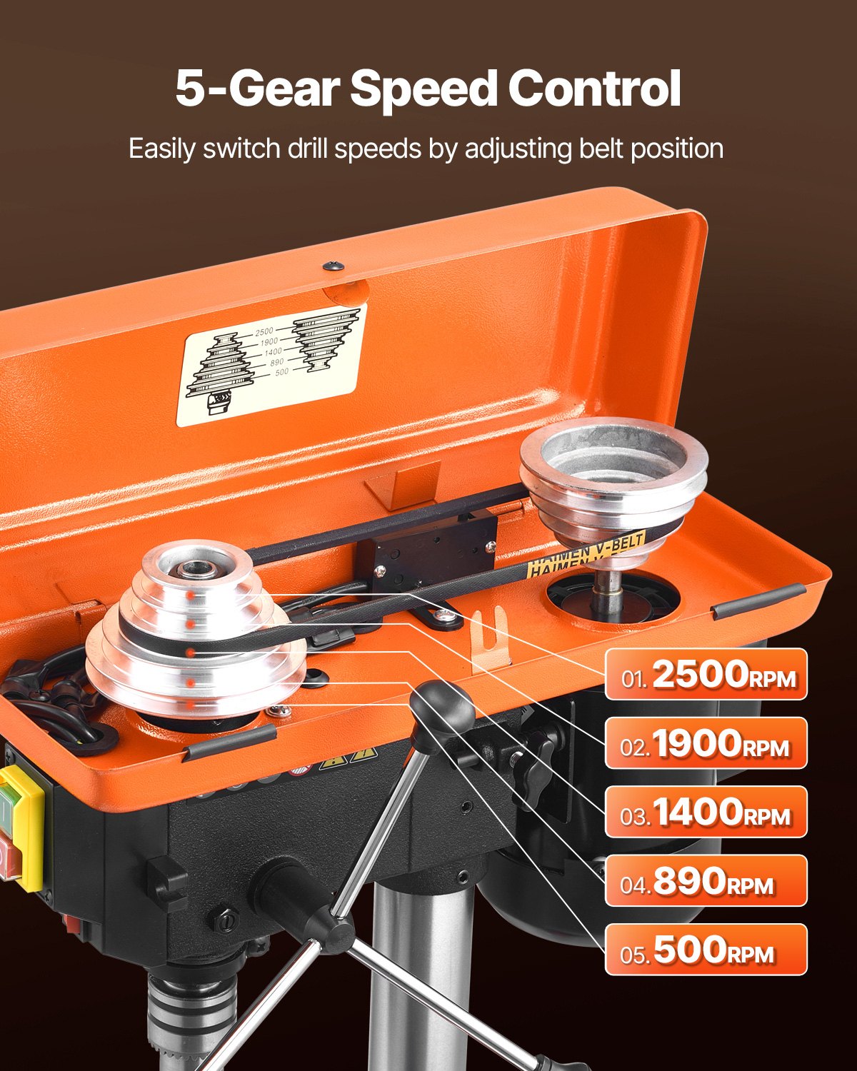 VEVOR 203.2mm Benchtop Drill Press, 500W Induction Motor, Tabletop Drilling Machine with 500 / 890 / 1400 / 1900 / 2500 RPM Adjustable Speed, 0-45° Tilting Worktable, LED Work Light, for Wood Metal